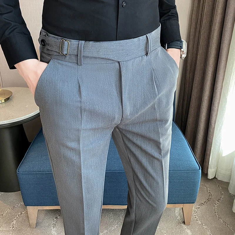 Spring British Fashion Slim Fit Suit Pants Mens Leisure High Quality Belt Design Business Wedding Social 240806