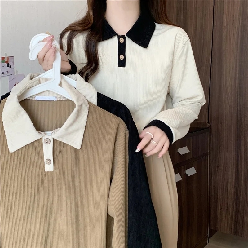 Women Polo Collar Long Sleeve T-shirt Loose Slimming Fashion Versatile Color Block Top Underwear Small Shirt 240806