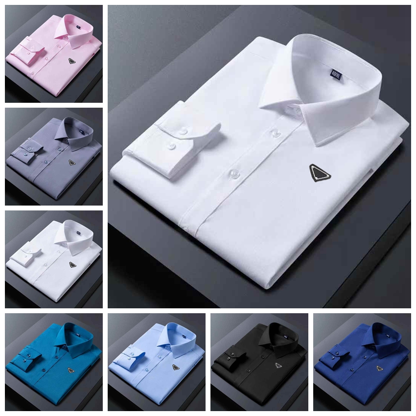 Designer Mens Dress Shirts Autumn Spring Long Sleeve Breathable Casual Brands New 3D Triangle Man Dress Shirts Slim Fit Business Shirts Black Blue Pink WithTags