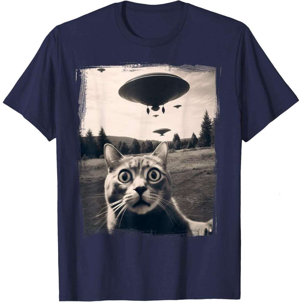 Mens T shirt Selfie Alien Invasion Meme Funny Kitten Cute Cat T-Shirt shirts tshirt graphic tee Casual tops clothes Short sleeve