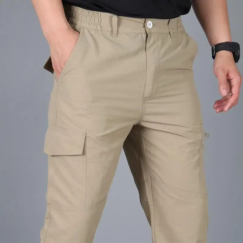 Spring Autumn Mens Clothing Solid Color High Waisted Pockets Button Zipper Casual Trousers Straight Cargo Preppy Style Pants 240806
