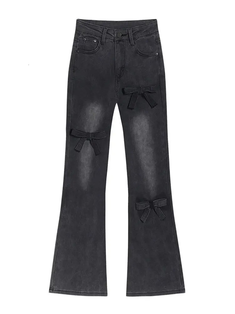 Women Fashion Bell Bottoms Jean Y2k Streetwear Low Rise Bow Denim Pants 2000s Aesthetic Kpop Gyaru Vintage Long Trousers Chic 240807