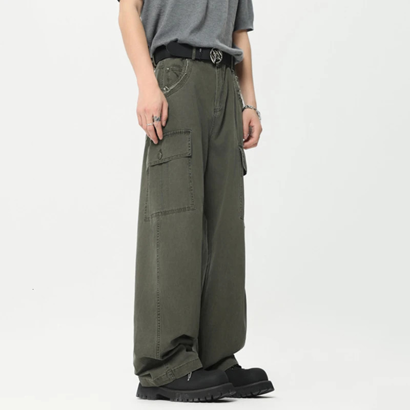 IEFB American Style Mens Overalls Washed Rough Edge Design Vintage Trendy Male Cargo Pants Straight Multipocket 9C6623 240806