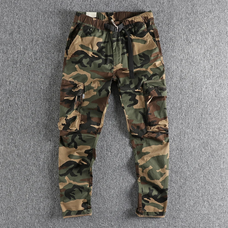 377# Four Seasons American Retro Woven Camouflage Cargo Pants Mens 97% Cotton Washed Multipocket Casual Straight Trousers 240806