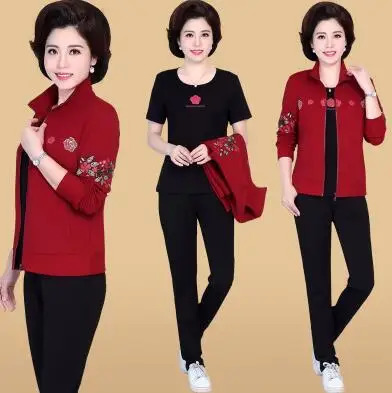 Leisure Sports suit female Large size Middle age clothing Autumn Fashion 3-piece set printing pants sporting suits 4XL 240807