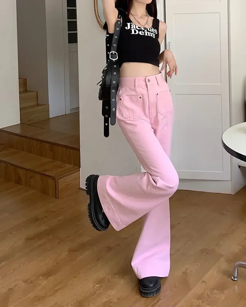 With Pockets Pants for Woman Pink Womens Jeans High Waist S Flared Bell Bottom Straight Leg Flare Trousers 2000s Y2k 240807