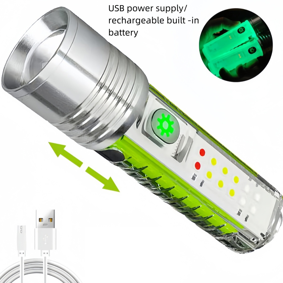 High Energy Telescopic White LED Flashlight - Compact & Efficient Night Time Emergency Lighting Tool with TYPE C Charging