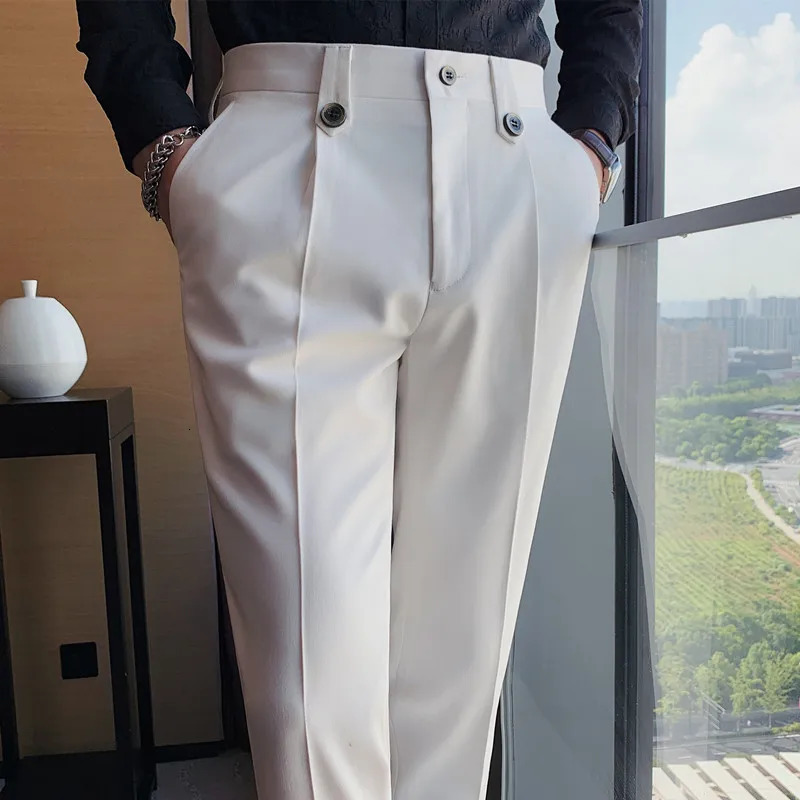 Style W Men Noniron Fabric Dress Pants Slim Straight Black White Casual Suit Trousers Male Business Little Feet 240806