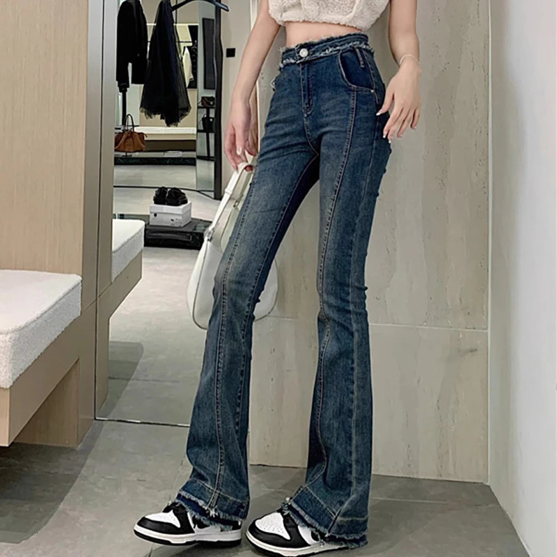 Woman Korean Y2k 2000s Flare Jeans Girls High Waist Fashion Slim Fit Bell Bottom Pants Female High Street Blue Denim Trousers 240807