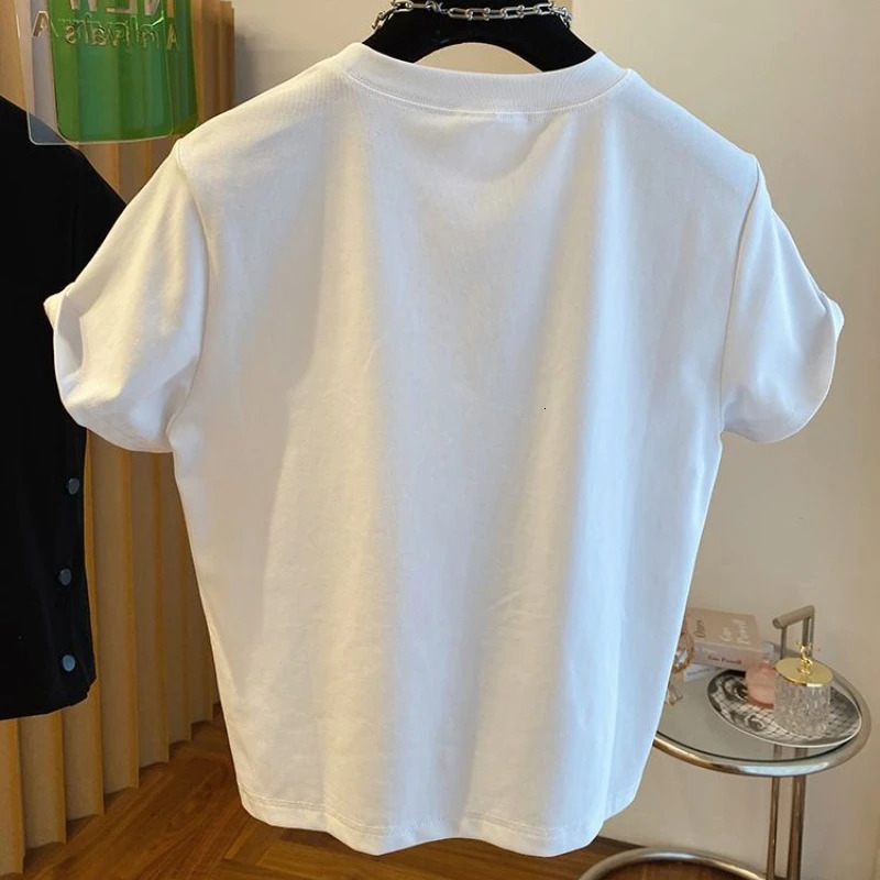 Neploe 2024 Summer Button Splicing O-neck T-shirt Y2k Short Sleeve Loose T-shirt Fashion High Waist White Top for Women240806