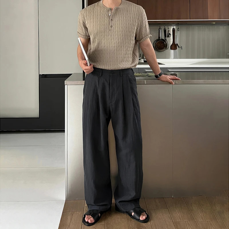 Mens Korean Light Luxury Draped Linen Wide Leg Pants Leisure Buttondown Solid Color Straight Premium Elegant Sweatpants M3XL 240806