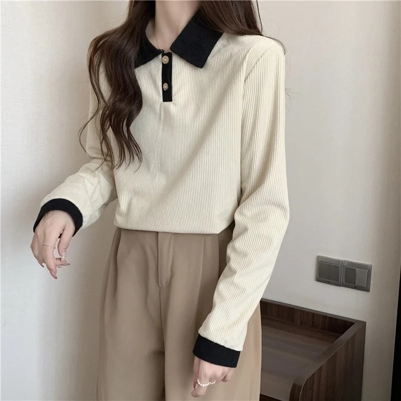 Women Polo Collar Long Sleeve T-shirt Loose Slimming Fashion Versatile Color Block Top Underwear Small Shirt 240806