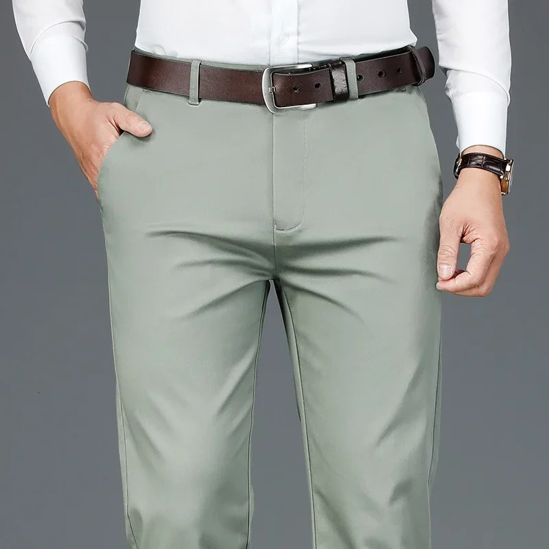 Mens Bamboo Fiber Casual Pants Spring Classic Business Fashion Khaki Stretch Cotton Trousers Male Clothes 240806