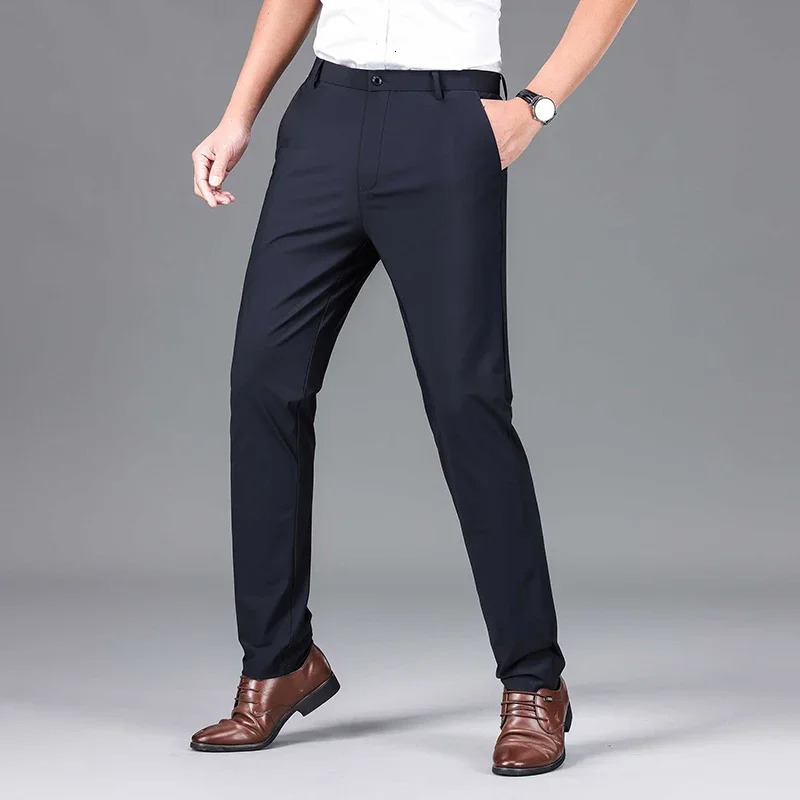 Summer Casual Mens Ultrathin Elastic Formal Office Straight Trousers Male Ice Silk High Stretch Business Suit Pants Plus Size 240806