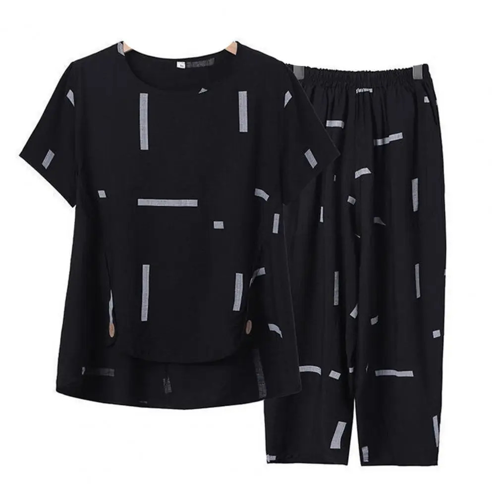 Wide Leg Harem Pants Outfit Casual O-Neck Short Sleeve Irregular Hem Pockets Top Pants Set Mid-aged Women Printing Streetwear 240807
