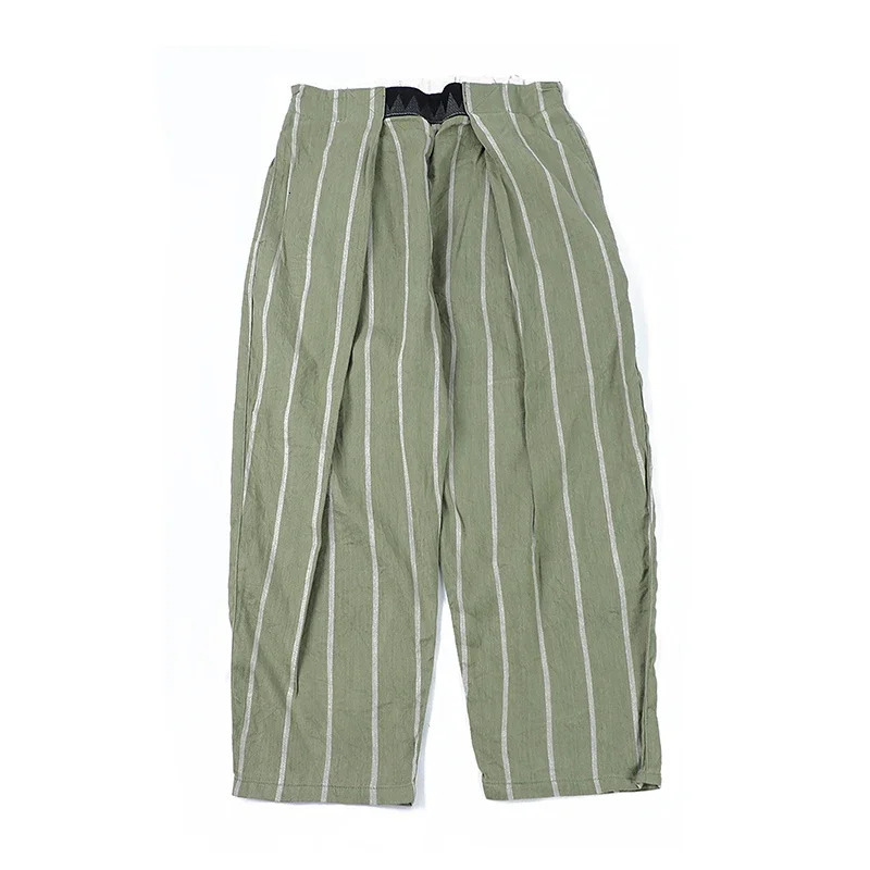 KAPITAL Japanese Style Twocolor Cotton Linen Stripe Breathable Casual Mens and Womens Loose Pants Washed Army Green Trousers 240806