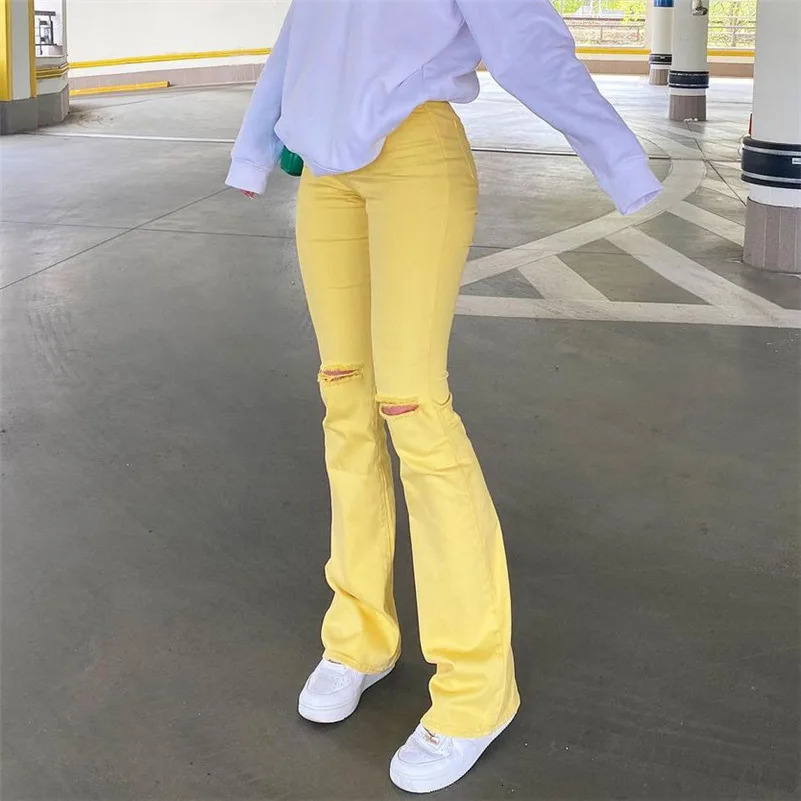 Women Stretch Flare Yellow Ripped Jeans Lady Vintage Y2K Punk High Waist Denim Pants Lady Streetwear Bell Bottom Slim Trousers 240807