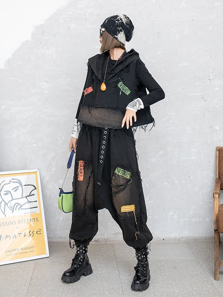 Trendy Cool Style Personalized Pant Set Women Loose Fitting Vintage Hooded Denim Vest Harem Pants Two-piece Set LX915 240807