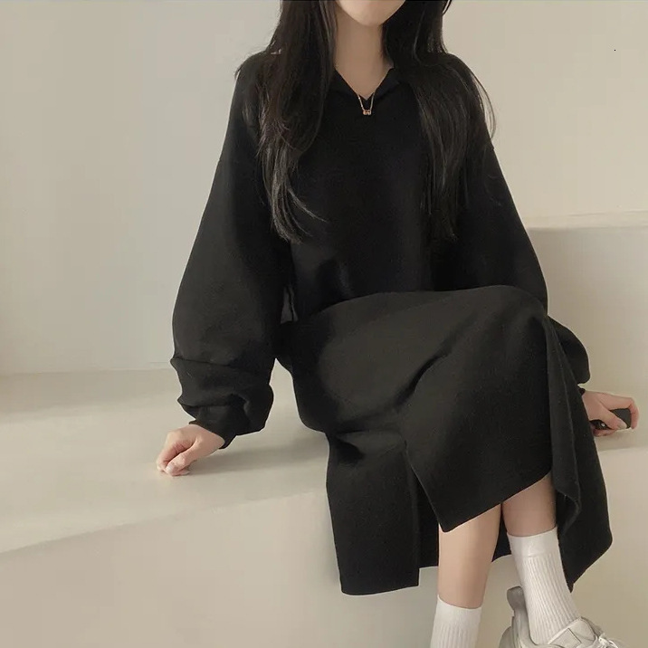 Korean version solid color autumn/winter POLO collar, spring/autumn internet famous new plush, loose lazy style, long and chubby mm dress