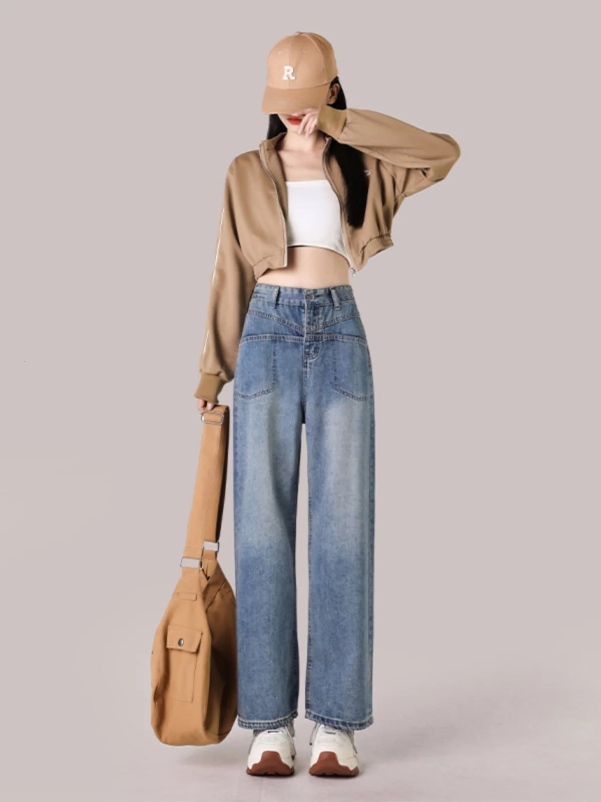 150CM Petite girls vintage blue Wide Leg pants comfortable Y2K Skinny Ankle length straight jeans 240807