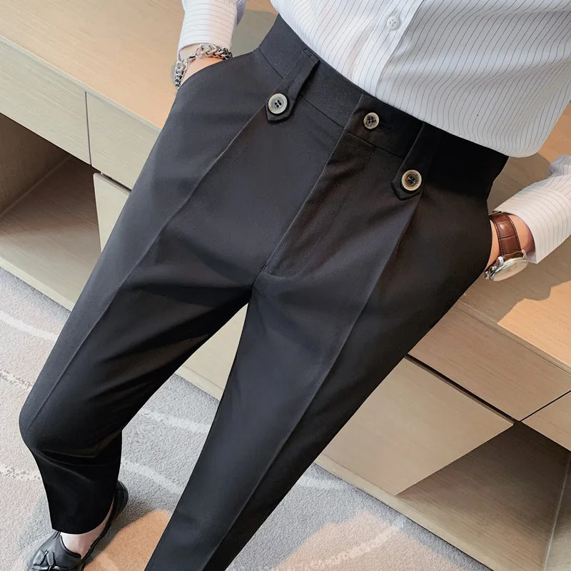 Style W Men Noniron Fabric Dress Pants Slim Straight Black White Casual Suit Trousers Male Business Little Feet 240806