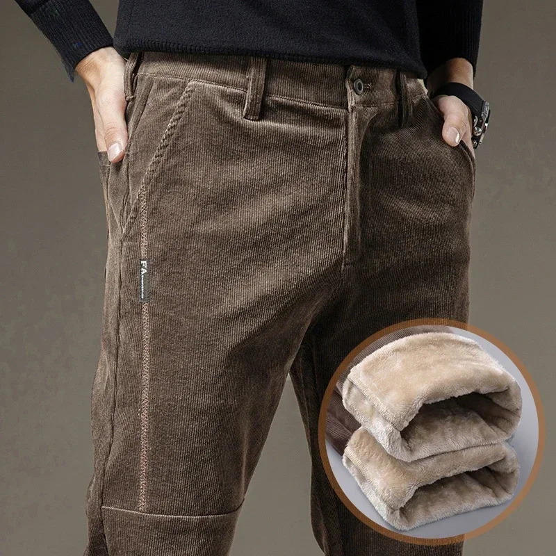 Winter Fleece Warm Corduroy Pants Men Stretch Thick Elastic Waist Fluff Pant Korean Classic Brown Trousers Male Clothing 240806