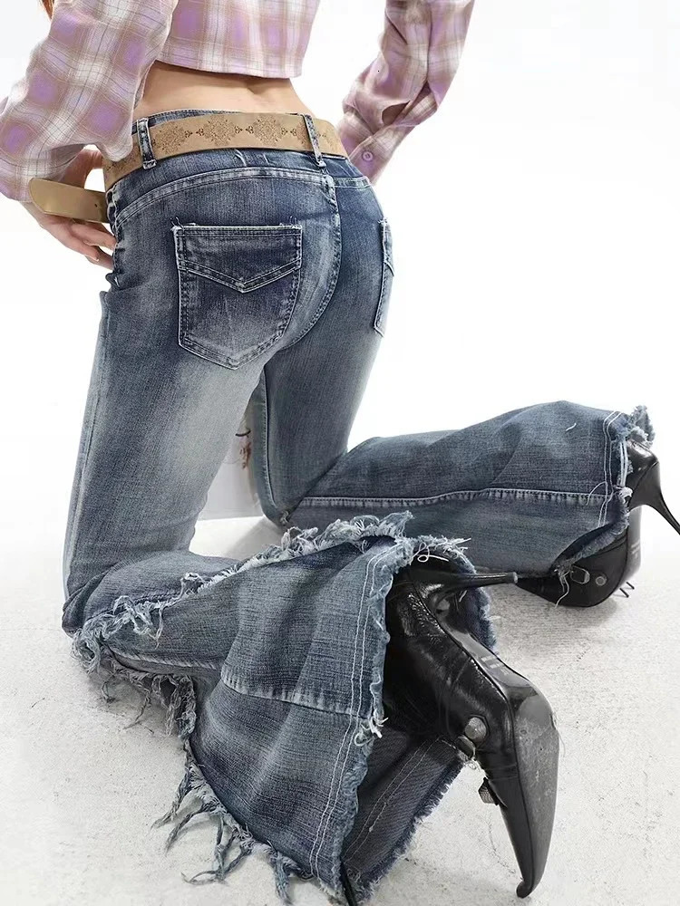 American Retro Y2K Flare Jeans Scratched Slim Bell Bottoms Women Fashion Gyaru Denim Pant Raw Edge Trousers Hip Hop High Street 240807