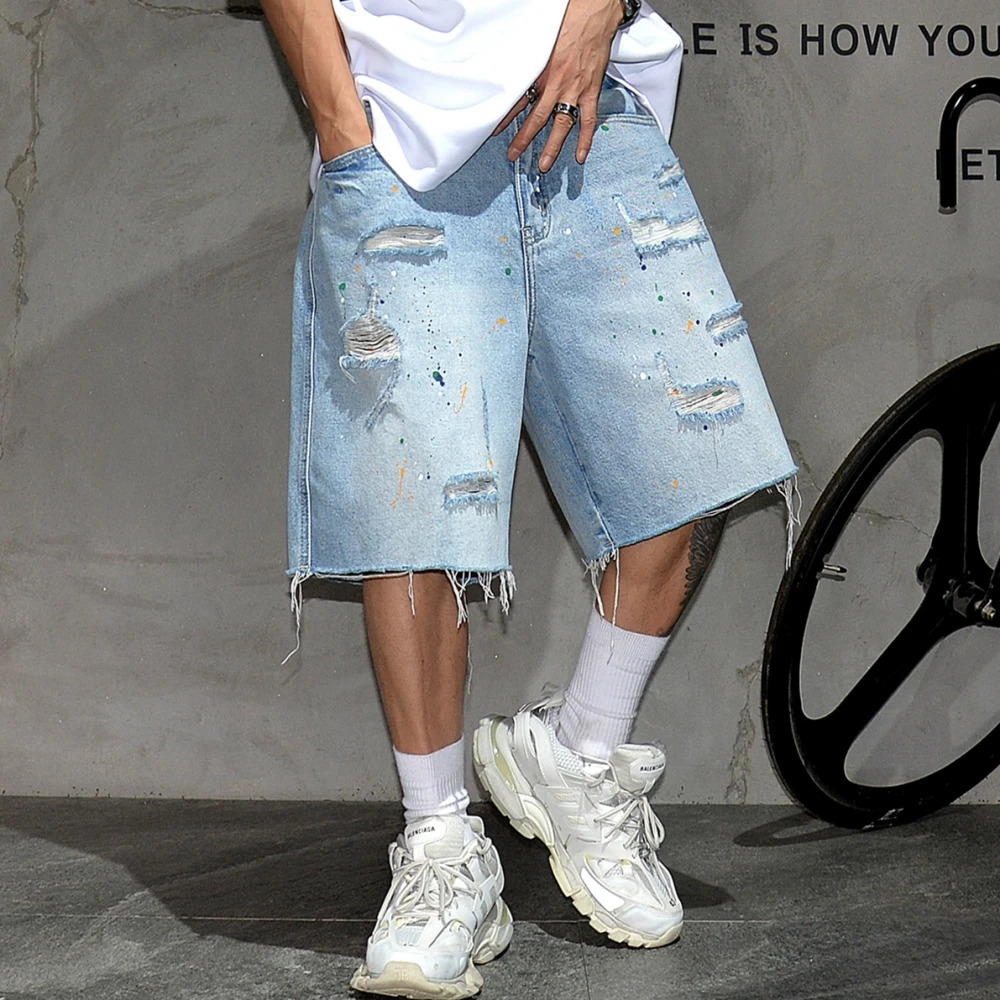 American Streetwear Ripped Denim Shorts For Men Korean Fashion Baggy Jorts Kpop Blue Shorts Summer Trend Skateboard Pants Male 240806