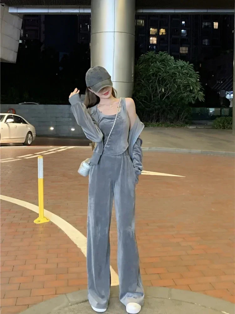 Fashion Velvet Hooded Sweater Tank Top Sports Pants Three Piece Set Women Korean Soft Casual Solid Loose Gray Sweatershirt Suit 240807
