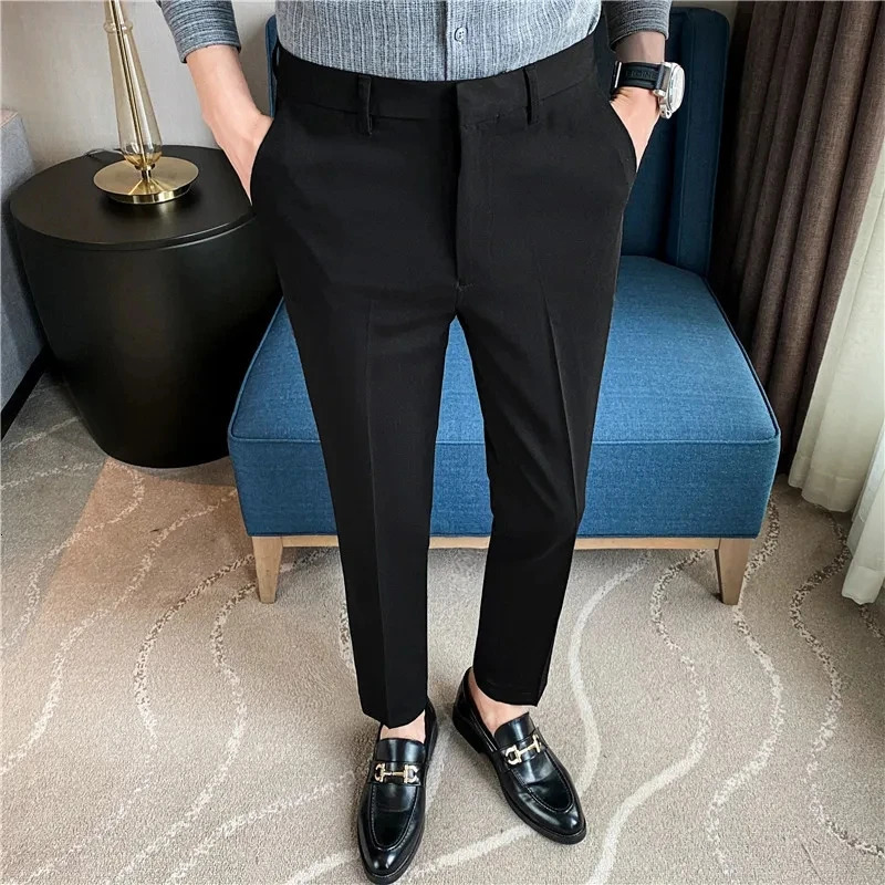 British Style Solid High Waist Trousers Men Formal Quality Slim Fit Business Casual Suit Pants Groom Wedding Dress 240806