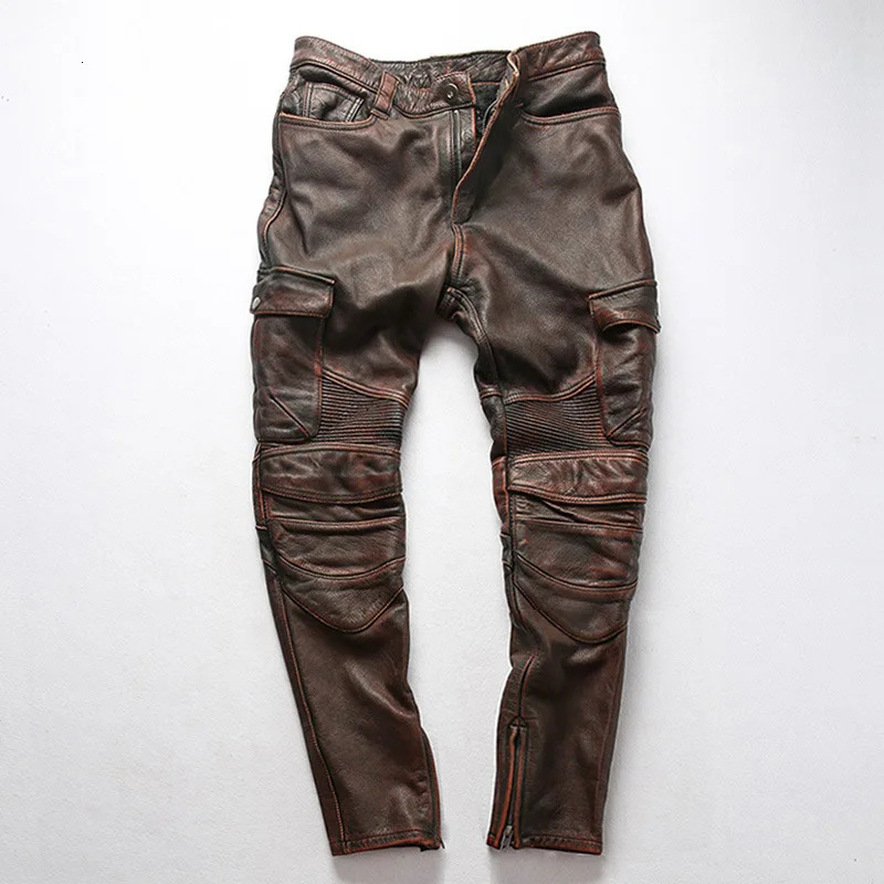 Mens Motorcycle Biker Genuine Leather Pants Real Cowhide Slim Pencil Design Men Cargo Trousers 240806