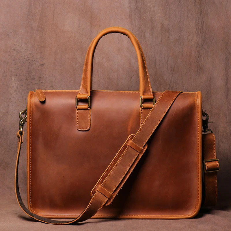 Vintage Leather Handbag Mens Executive Briefcase Original Cowhide Business Shoulder Dee Laptop Computer Bag