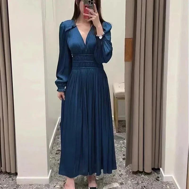 Women Blue or Green Robe Pleated V-Neck Lantern Sleeve Elastic Waist Elegant Midi Dress 240807