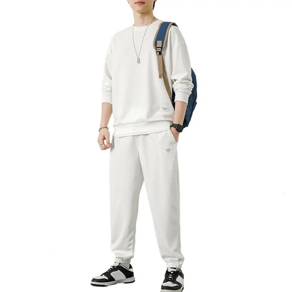 Men Casual Two-piece Set Mens Waffle Texture O-neck Long Sleeve Top Elastic Waist Sweatpants Set Solid Color Casual for Spring 240813