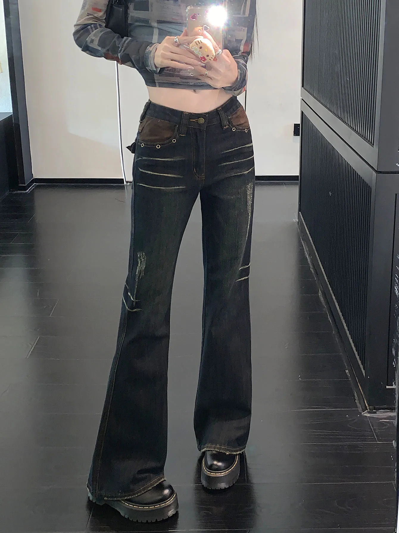 ReddaChic Cowgirl Splicing Flare Jeans Vintage Blue Denim Bell Bottoms Grunge Y2k Bootcut Pants 90s Retro Harajuku Streetwear 240807