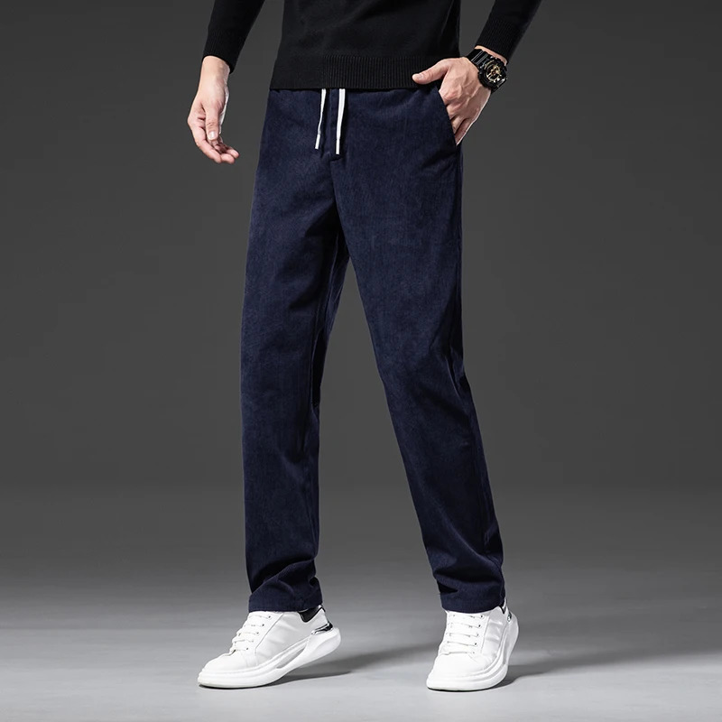 Spring Autumn Corduroy Mens Casual Pants Classic Business Work Elastic Waist Straight Trousers Black Gray Khaki 240806