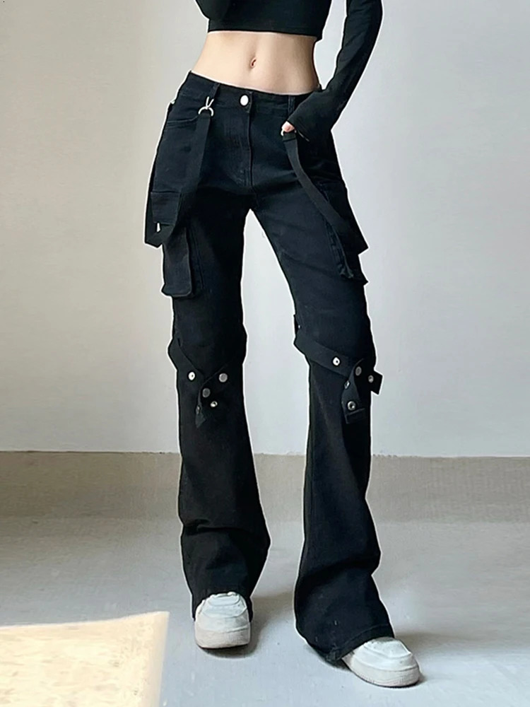 AltGoth Harajuku Streetwear Emo Alt Straight Pants Women Y2k E-girl Dark Academia Gothic Metal Buckle Leg Ring Trousers Female 240807