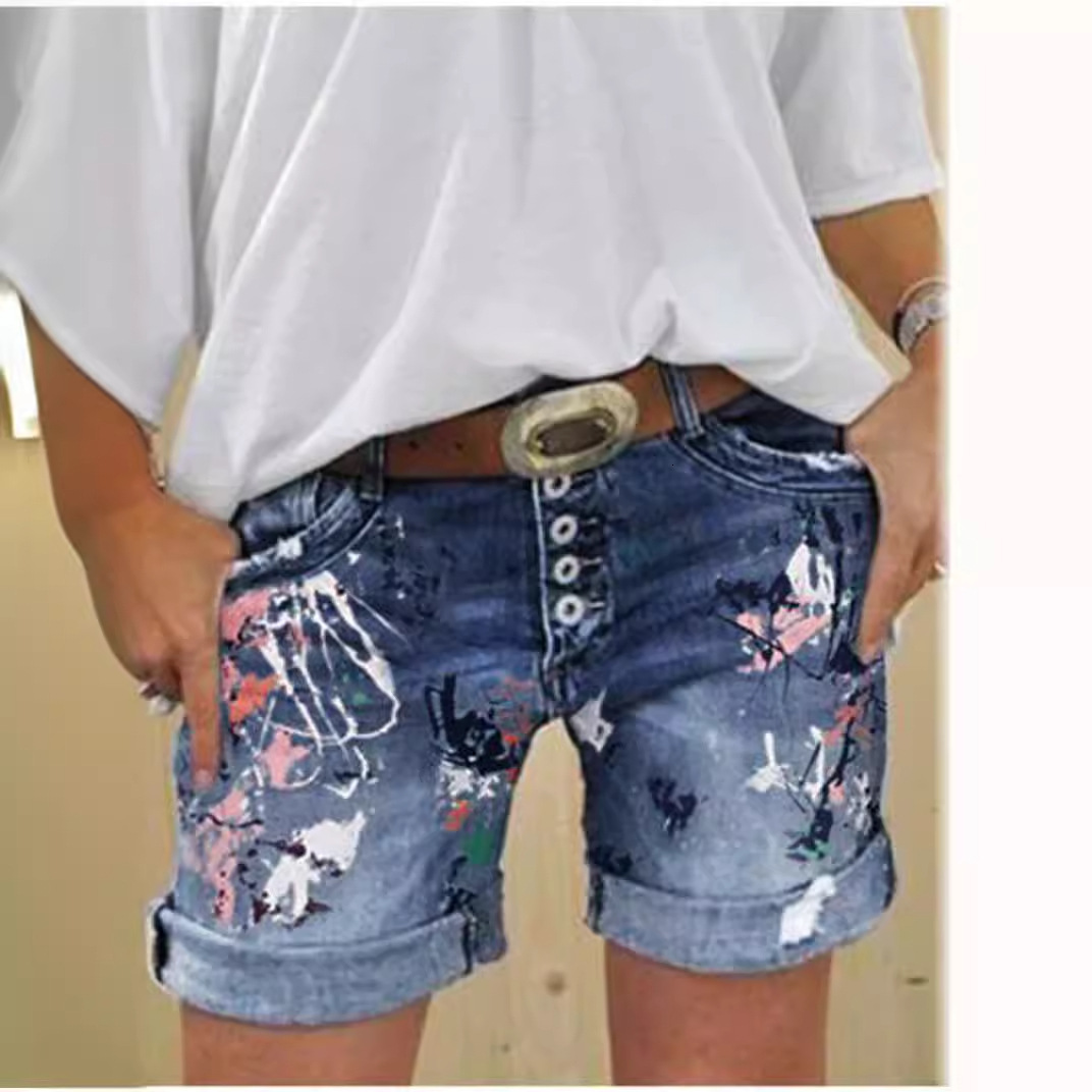 Summer new shorts, washed printed denim jeans, women's clothing