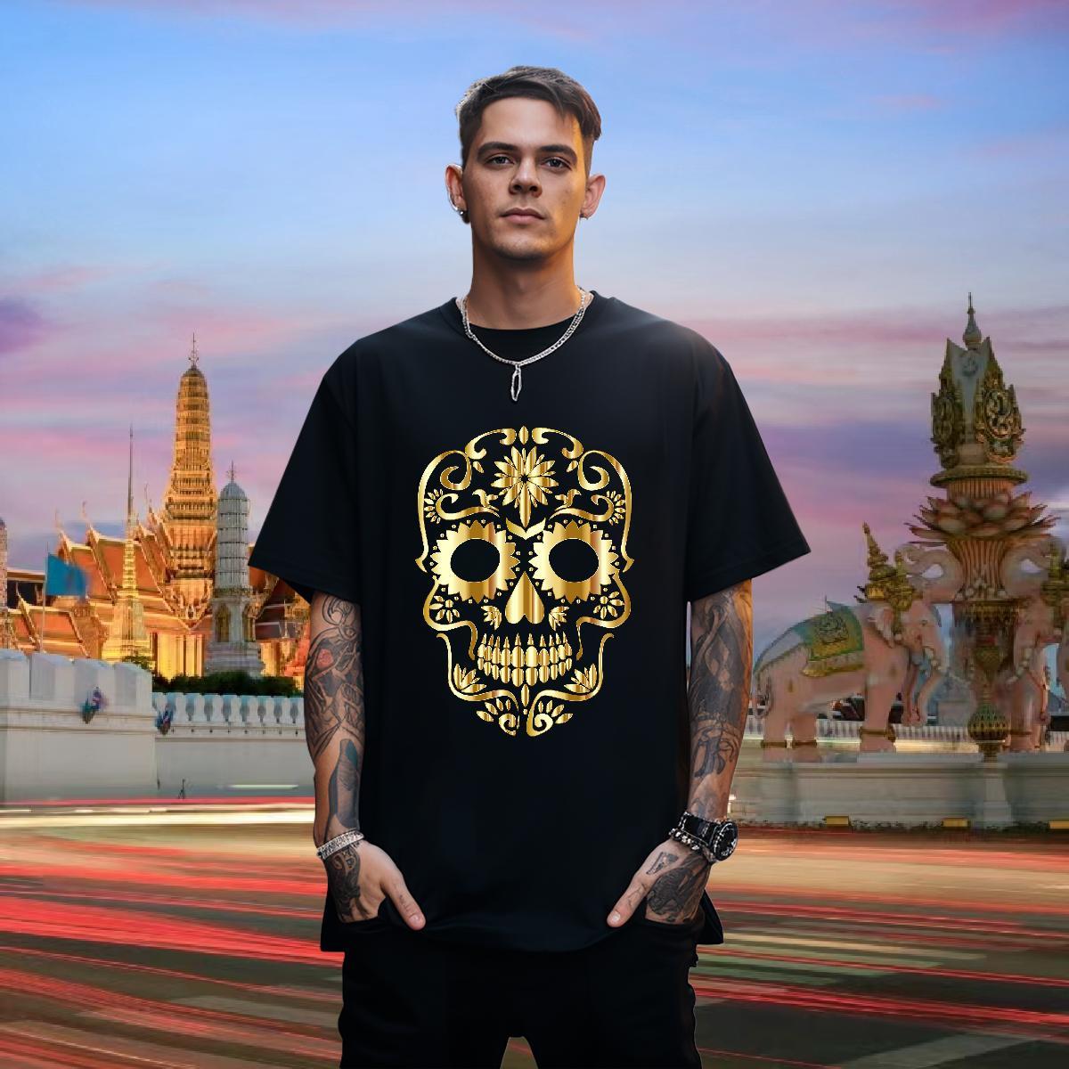 New T Shirt For Man skull Wear 230g 100% Cotton High Street Hip Hop Unisex Graphic Breathable Men Tees