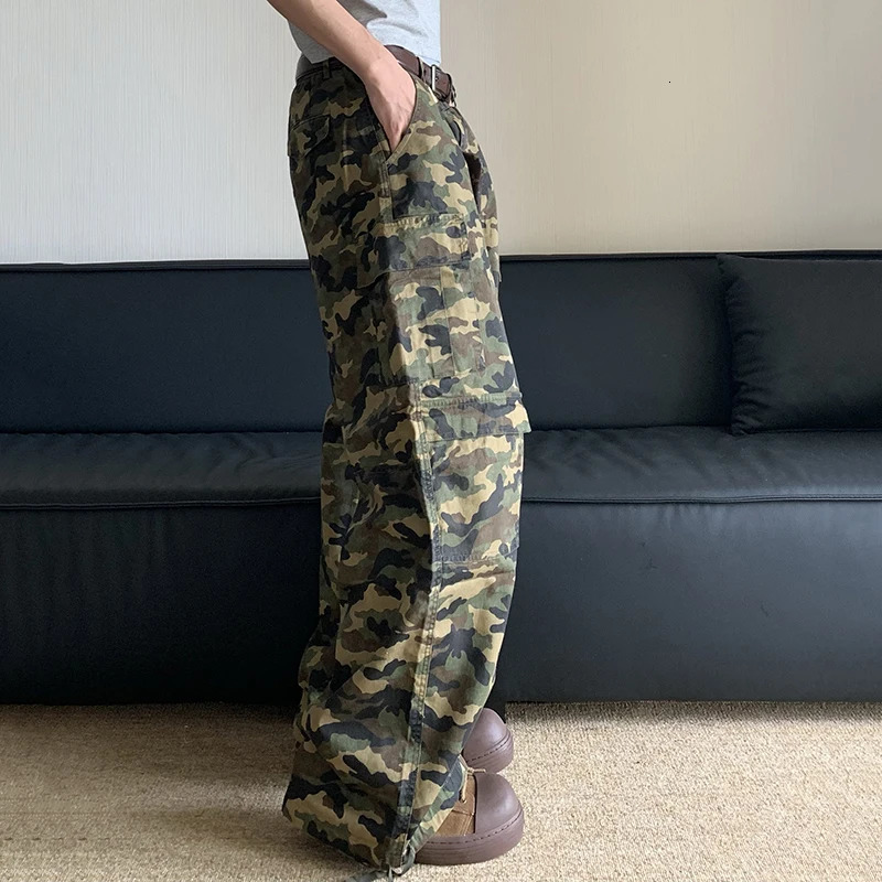 FEWQ American Camouflage Workwear Pants Mens Loose Straight Leg Wide Casual Large Pockets Male Trousers 24E1427 240806