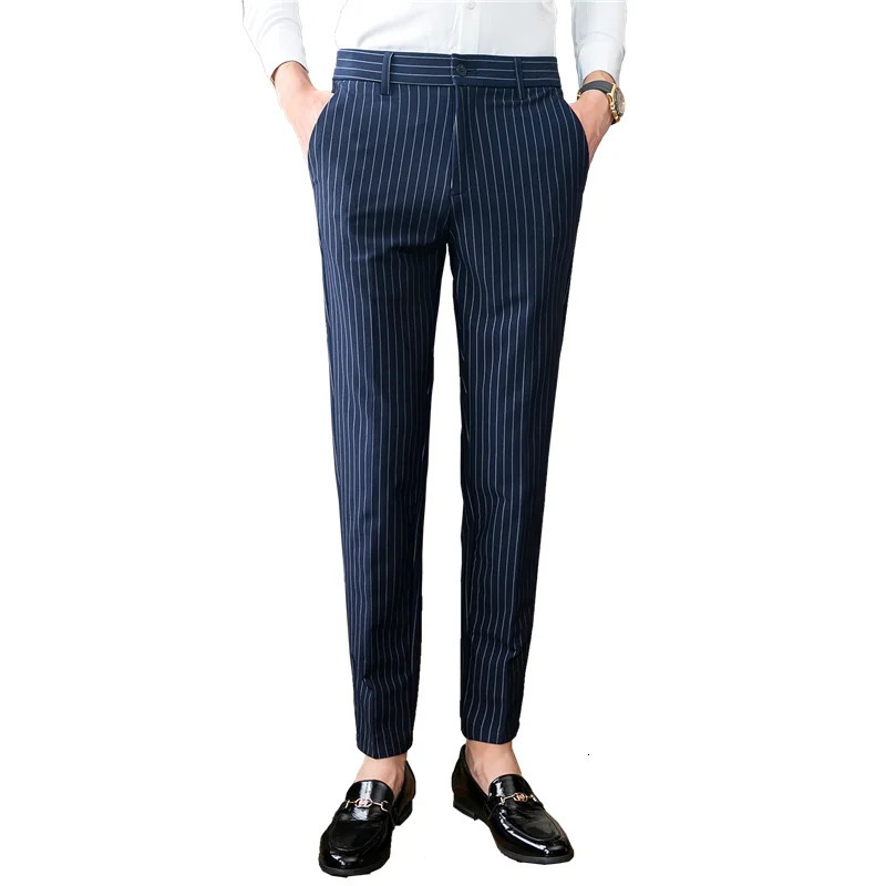 White Vertical Stripes Suit Pants Men Blue Black Trousers Fashion Slim Mens Pant Business Pantalones Hombre Autumn Slacks 240806