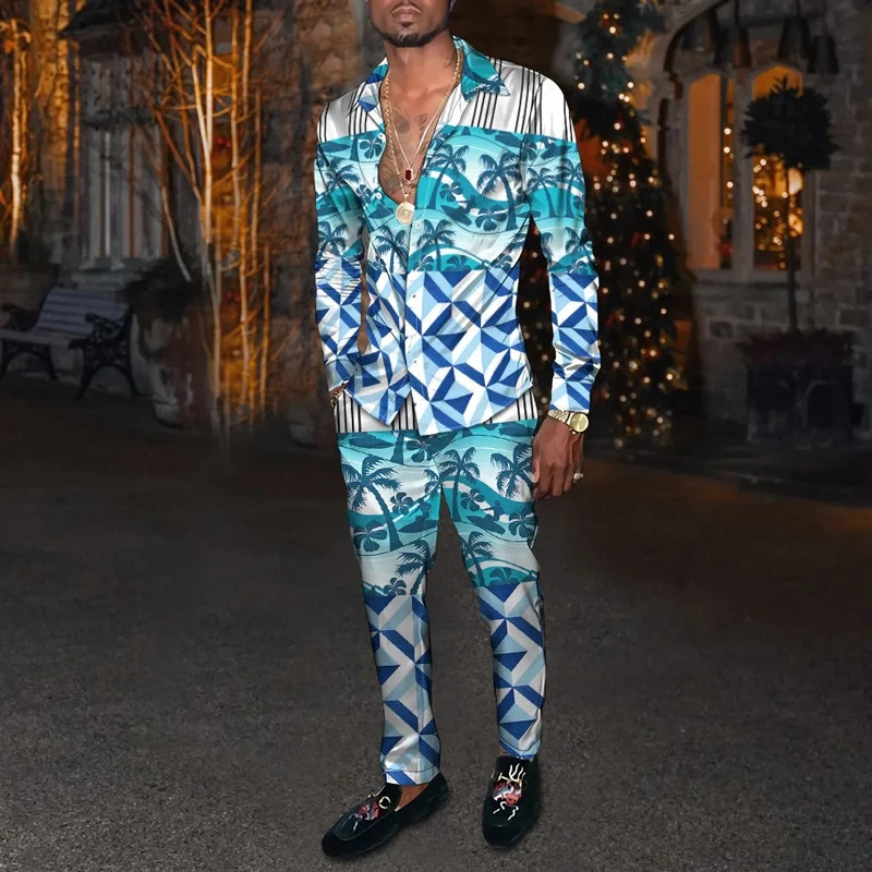 Fashion Mens Casual Sportswear 3D Printed Flower Pattern Breathable Mens Lapel Long Sleeve Shirt Long Pants Two Piece Set 240813