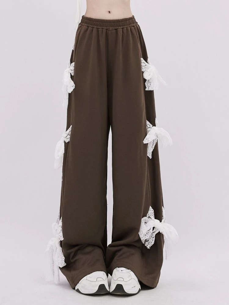 HOUZHOU Y2k Kawaii Sweet High Waist Wide Leg Pants Korean Style Fashion Streetwear Bow Bandage Loose Sweatpant Soft Gril 240807
