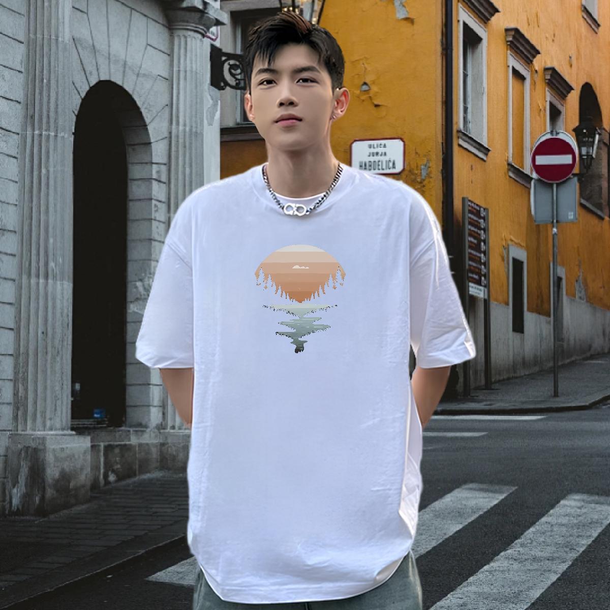 Casual New T-Shirts moon Clothings 230g 100% Cotton Street wear Hip Hop Loose Fit Floral Print Breathable Soft Men Tshirts
