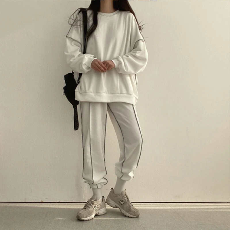 Schinotch Women Tracksuit Long Sleeve Warm O-neck Solid Color Pullover Hoodie Sweatpants Sport Outfit Jogger Set 240807