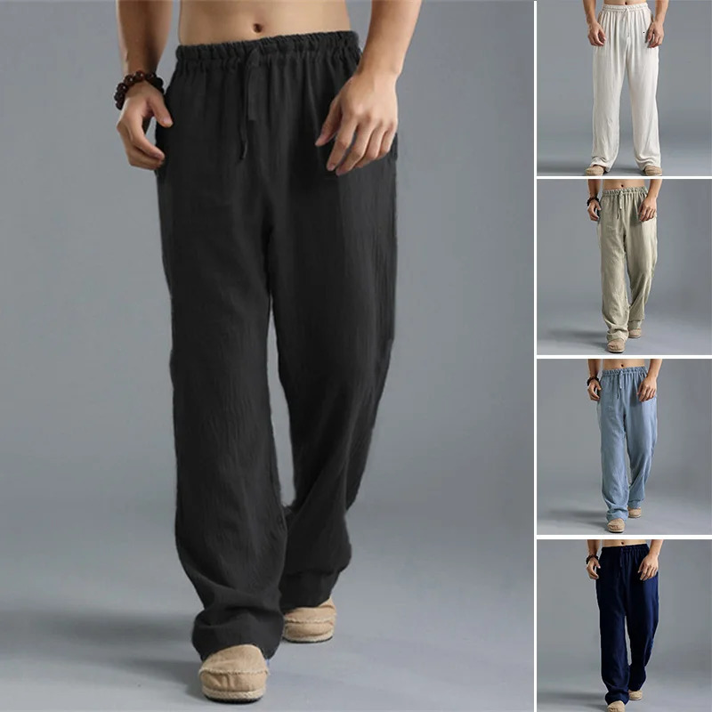 Summer Men Solid Color Linen Multipocket Straight Casual Pants Plus Large Size Breathable Comfortable Drawstring Loose Trousers 240806