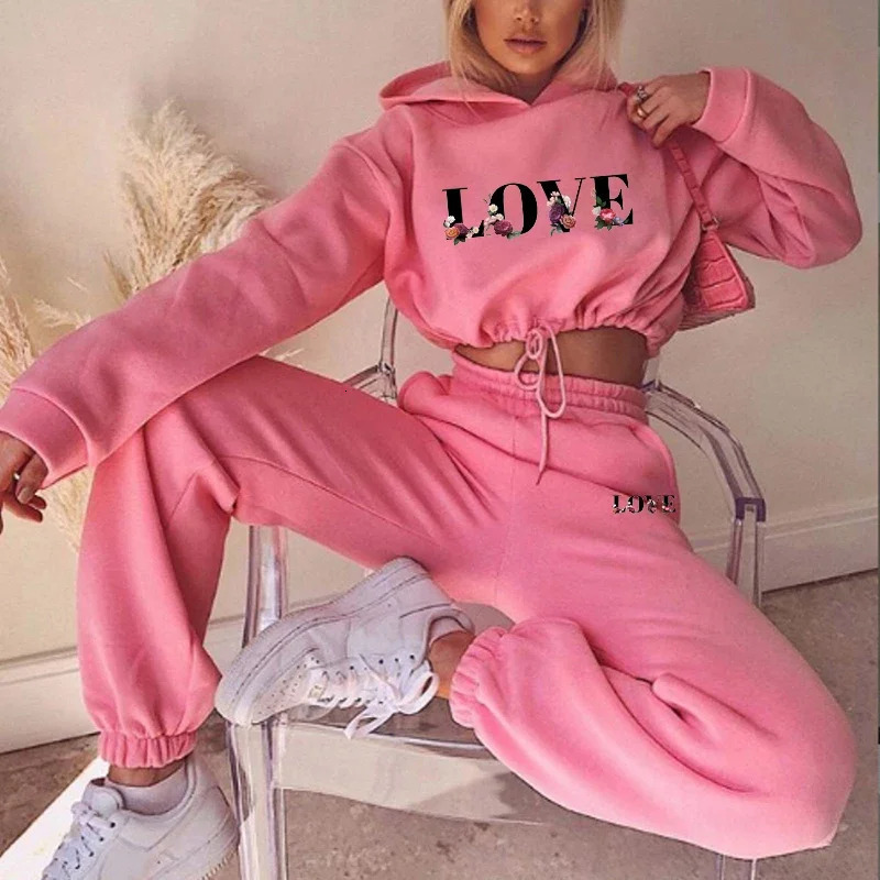 Womens 2 Pieces Suit Drawstring Short Sweatshirts Hooded Print Pullover Tracksuit Set Casual Sweatpants Sports Home Clothing 240807