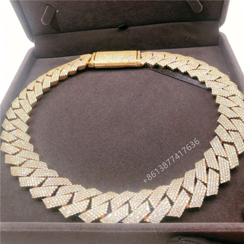 20Mm 4 Rows Hand Set Mens Necklace 10K Yellow Gold VVS Moissanite Diamond Cuban Link Chain