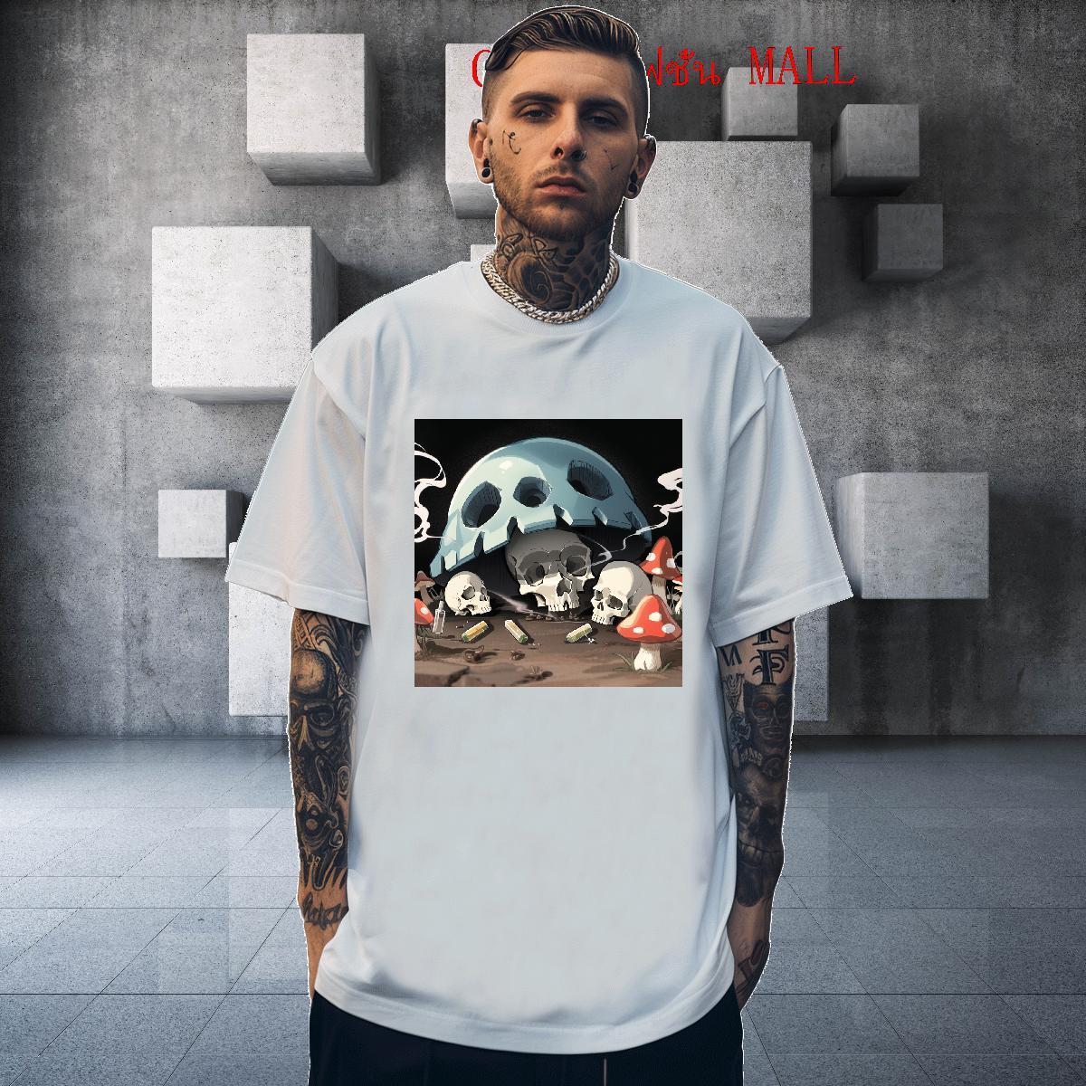New Designer T-Shirts for Men skull Tees 100% Cotton 230g Casual Beach Brand White Plus Size Round Neck Short Sleeve Men Tshirts