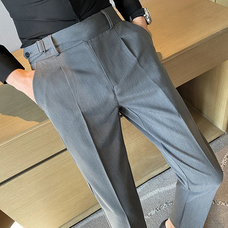 Spring British Fashion Slim Fit Suit Pants Mens Leisure High Quality Belt Design Business Wedding Social 240806